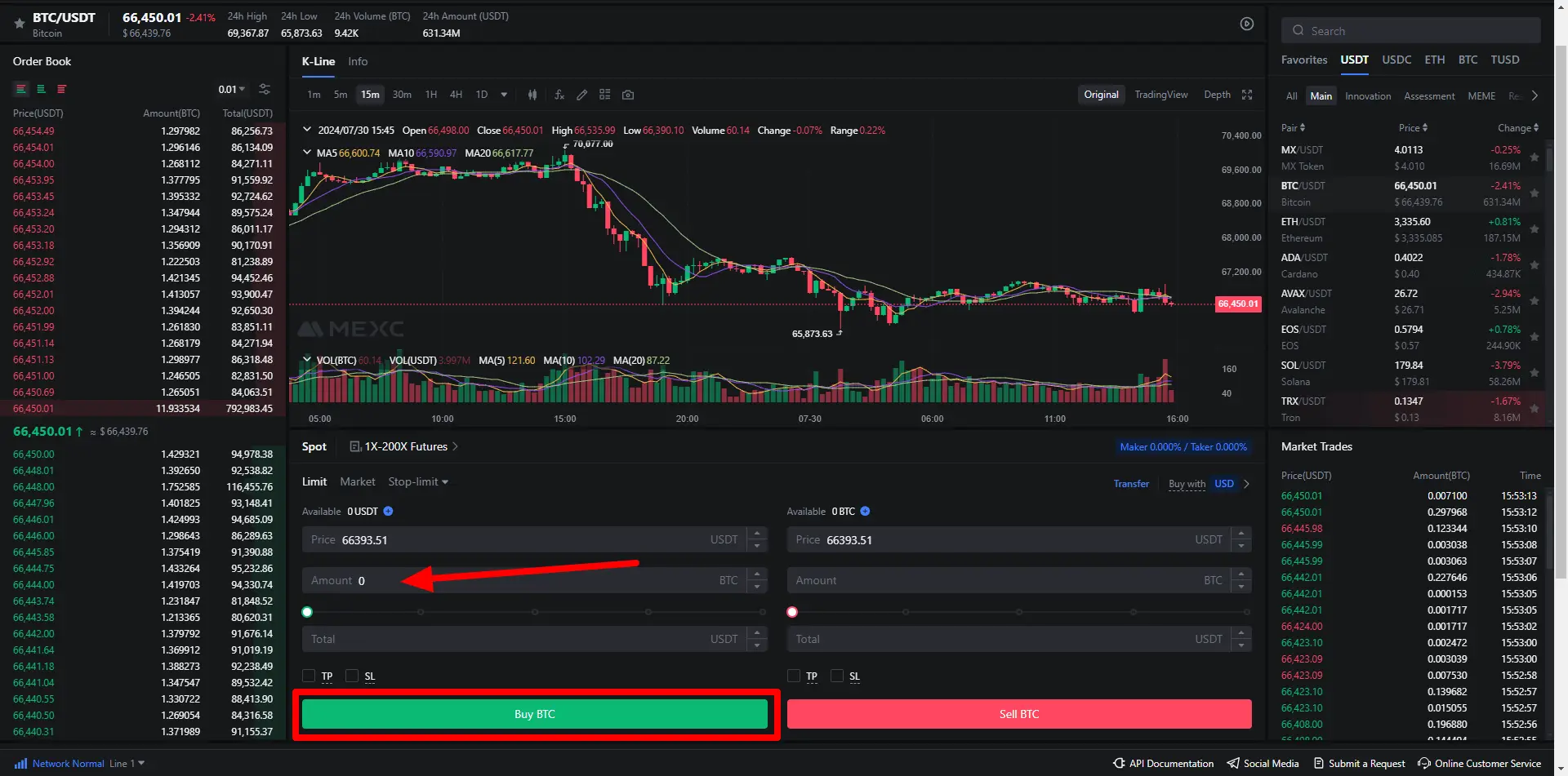 MEXC handleiding stap 4: Crypto Kopen en Verkopen